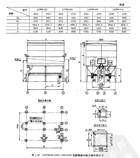 LPCM128-2000~256-2700型侧喷脉冲除尘器外形尺寸